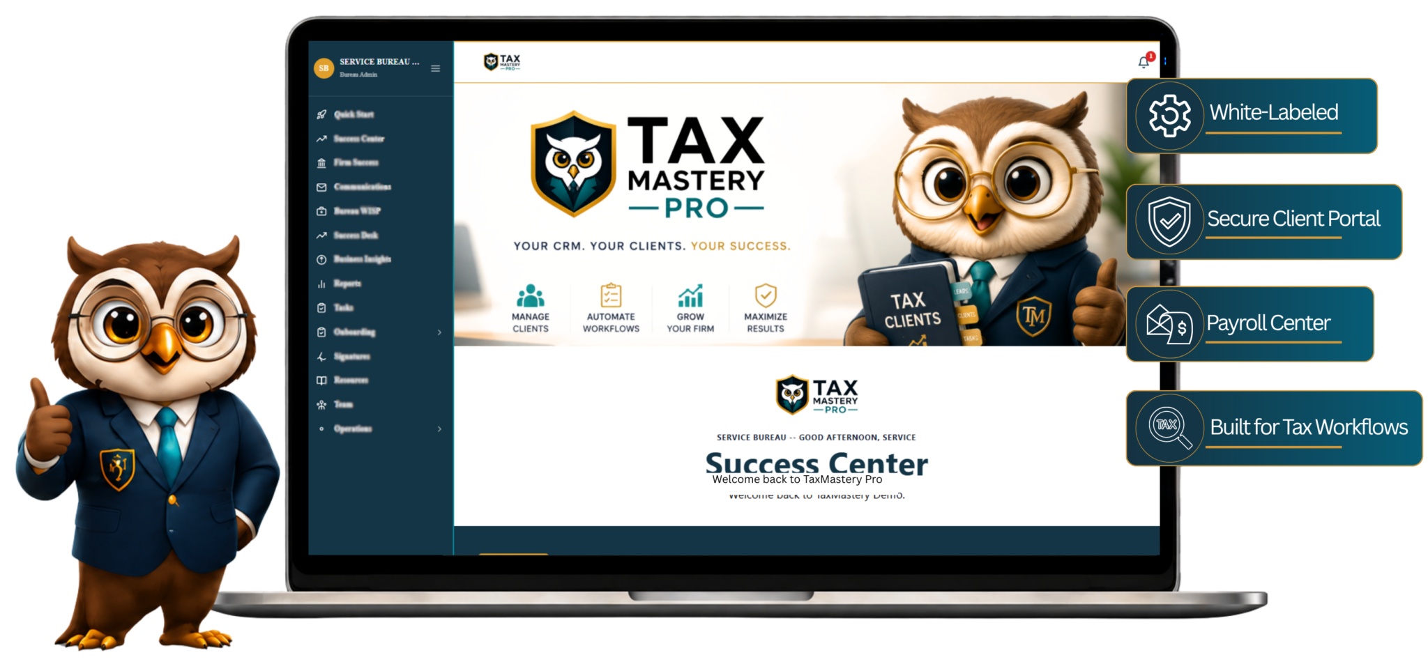 Tax Mastery Pro CRM dashboard with the Tax Mastery owl